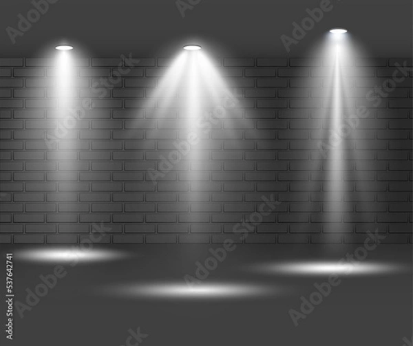 Fototapeta  Set of spotlight shines on the stage, scene, podium. Bright lighting with spotlights. Spot lighting of the stage. Lens flash light effect from a lamp or spot. 