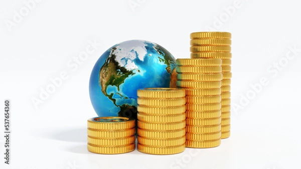 Fototapeta Globe or earth with stack of gold coin, world business concept, element by NASA, 3D rendering.