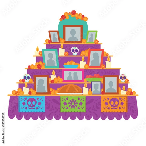 Obraz Isolated mexican altar with skulls and photos Vector illustration