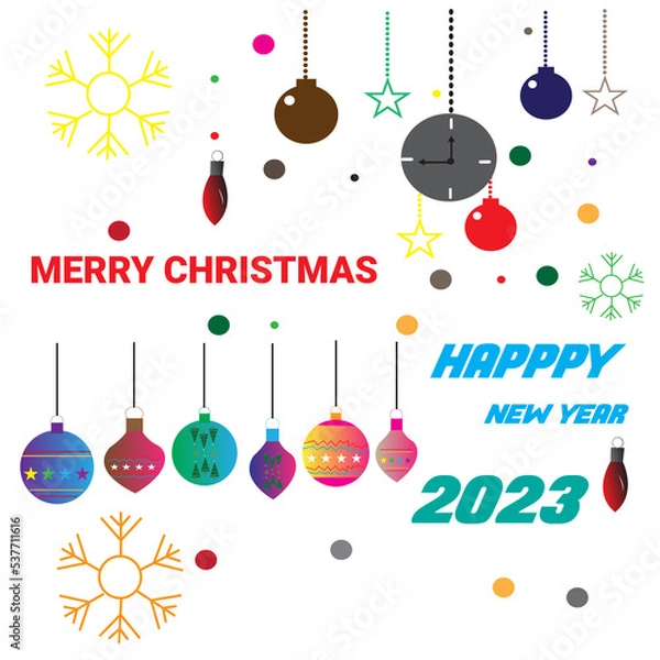 Fototapeta  Background set of christmas baubles and happy new year 2023.Set of Christmas and New Year holiday gift cards. Xmas banners, web poster, flyers and brochures, greeting cards, group bright covers.