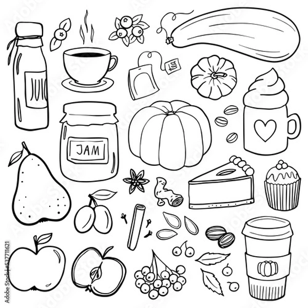 Fototapeta Fall Autumn Yummy Doodle linear outline monochrome vector seasonal illustration set for web digital projects and bullet journal isolated on white background 