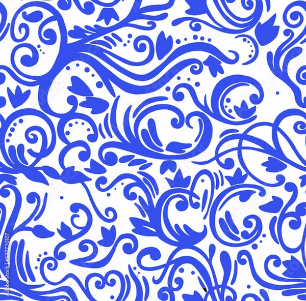 Fototapeta Floral pattern of blue color pattern on a white background, abstract design, seamless background.