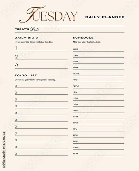 Obraz Daily planner printable template.Schedule,notes for the day. 