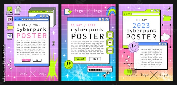 Obraz Set of posters with PC windows in the y2k style. Acid Retro interface of an old computer Copyspace template.