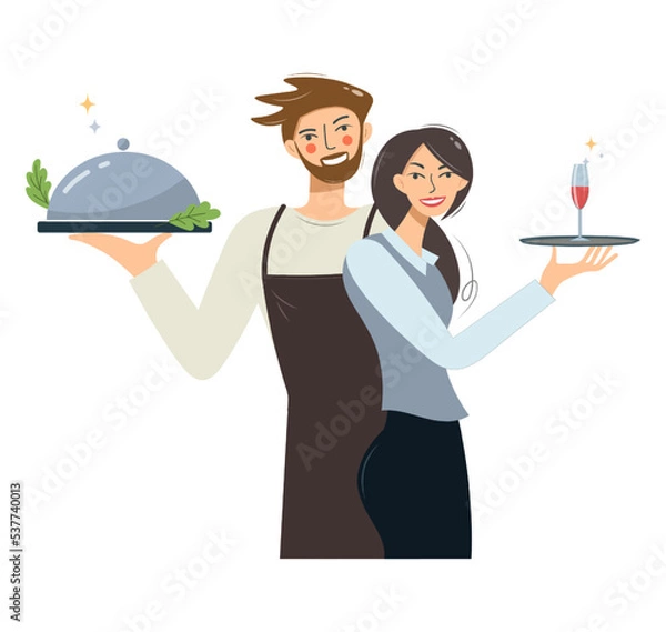 Fototapeta Restaurant waiter and waitress. Flat design vector illustration. Working professions, woman and man, cooks and waiters. Chef, cook and restaurant professional worker in uniform with aprons with trays.