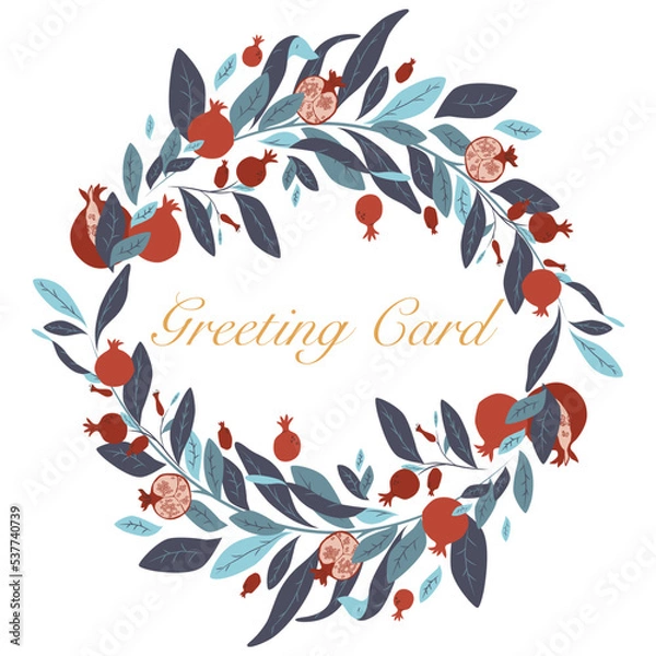 Fototapeta Wreath of ripe pomegranates, leaves and flowers on a white background in vector. Minimal floral ornament isolated. Wreath with plant leaves and fruit. Rosh hashanah. Flat style illustration.