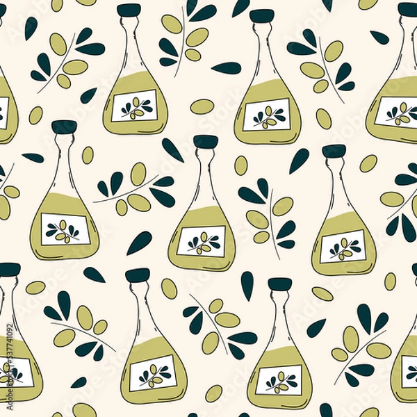Fototapeta Cute seamless pattern with oil bottles and olive