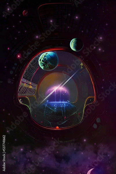 Fototapeta Retro style artwork. Sci-fi spaceship in deep space.   Fictional fantasy 1970's style illustration.  