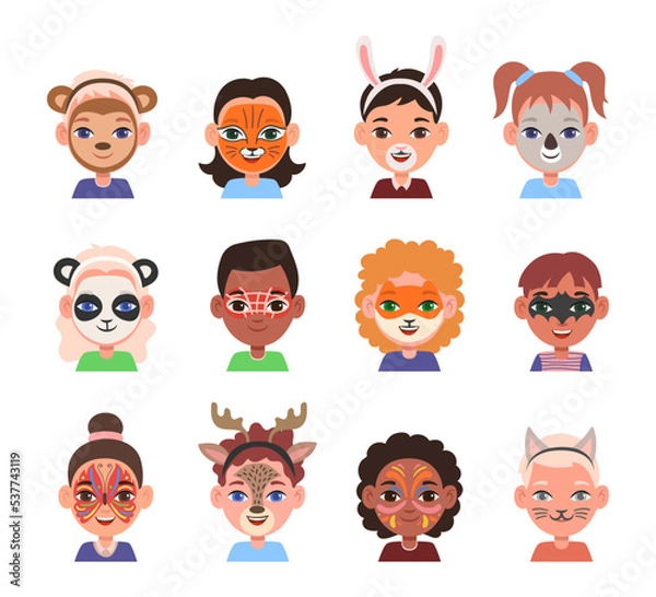 Fototapeta Portraits of kids with face makeup vector illustrations set. Children with creative face painting or masks, animals and heroes isolated on white background. Party, entertainment, creativity concept