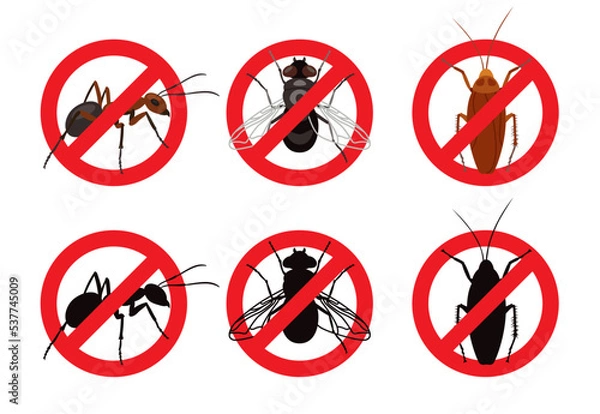 Fototapeta Stop sign against insects set. Vector illustrations of warning symbols with pest silhouettes. Cartoon fly, ant, cockroach inside crossed red circle isolated on white. Sanitation, insecticide concept