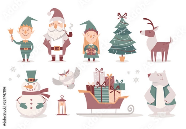Obraz Set of cartoon isolated Christmas characters and decorative elements