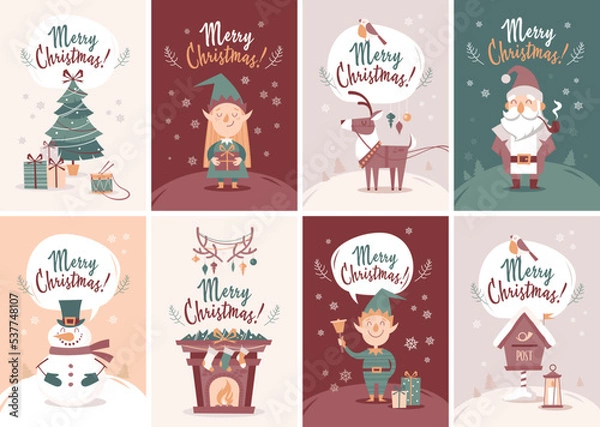 Obraz Set of Christmas and New Year cards with cute characters and decorative elements.