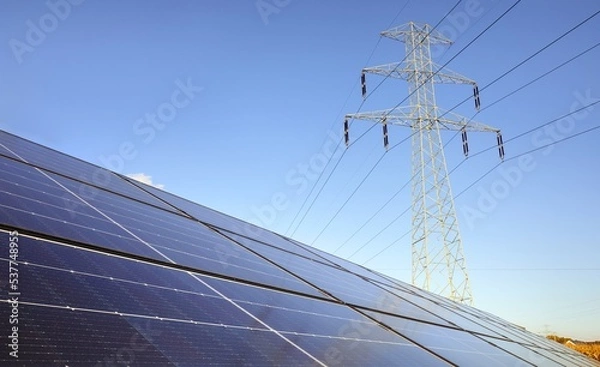 Obraz Panele fotowoltaiczne ze słupem energetycznym na tle błekitnego nieba