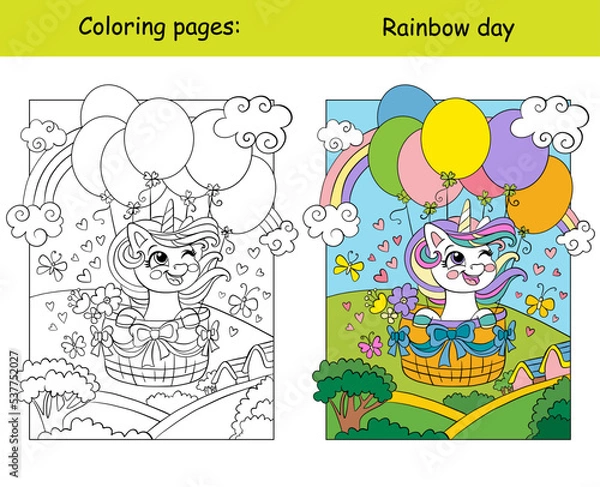 Fototapeta Cute unicorn flying on air balloons coloring and color
