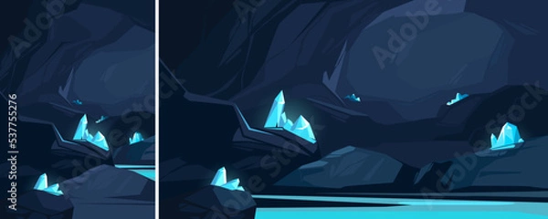 Fototapeta Cave with blue crystals. Underground location in different formats.