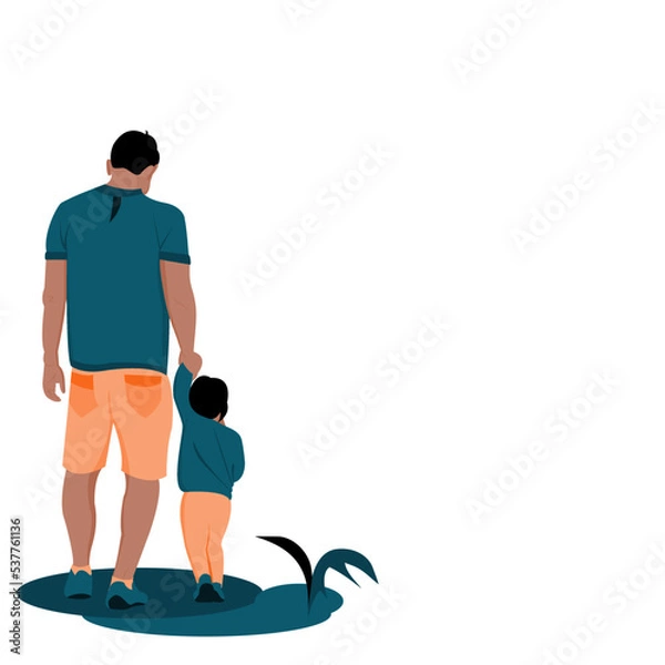 Fototapeta Back View Illustration of a young father holding his son are walking together. Backside of one Dad with one child holding hands and walking together Vector flat design style concept for Father‚Äôs Day.
