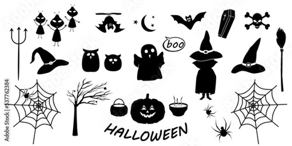 Fototapeta Elements of Halloween in black. Halloween pumpkin, spiders, skull, ghost and other festive attributes in black color. Black elements on white background. Halloween icons.