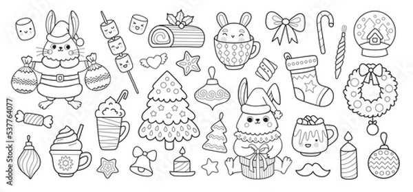 Fototapeta Christmas outline rabbit cartoon characters and elements for coloring book. Cute bunny in santa claus costune, xmas elf, tree, holly and holiday decorations. Vector isolated doodle illustration.