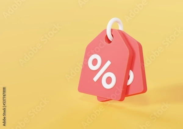 Fototapeta Red price tag with a percent sign on a yellow isolated background 3d render