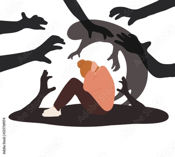 Fototapeta Woman with panic attack, PTSD, phobias, fears, phobias, Paranoia, hallucinations, schizophrenia. Psychological problems. Mental health collection. Flat vector illustration