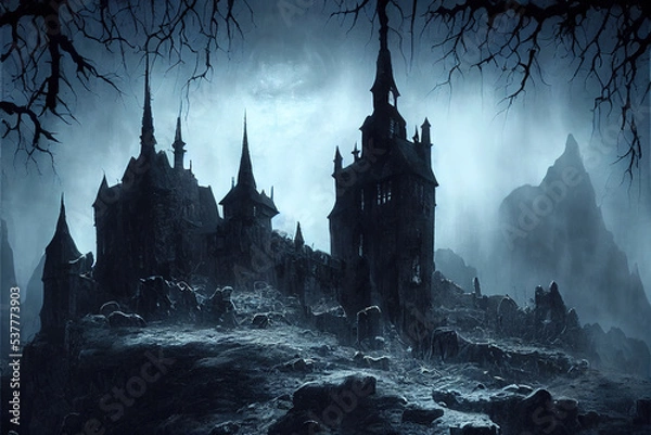 Fototapeta Background for a scary fairy tale background, a dark gothic castle in a dark dead valley, some kind of gray place in a gloomy area of a mountainous region.