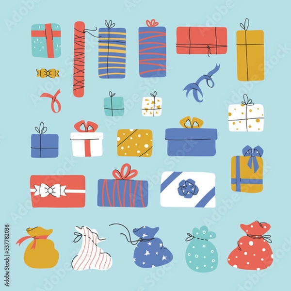 Obraz Seamless vector pattern with hand-drawn giftboxes, surprise bags and presents for party designs and packaging