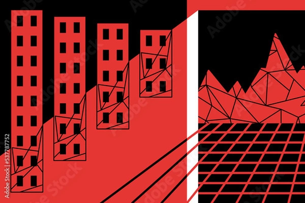 Obraz Window into virtual reality. VR and real life connected. Black red white vector illustration. Metaverse penetrate into city. Triangular grid.