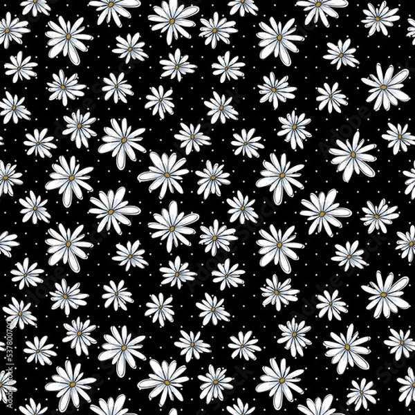 Fototapeta Seamless pattern with simple chamomile flower isolated on black background.