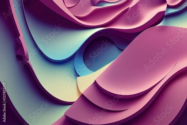 Fototapeta 3d render, abstract background with paper waves, modern wallpaper with pink blue violet blue wavy folds