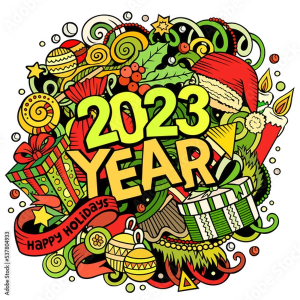 Fototapeta 2023 doodles illustration. New Year objects and elements poster