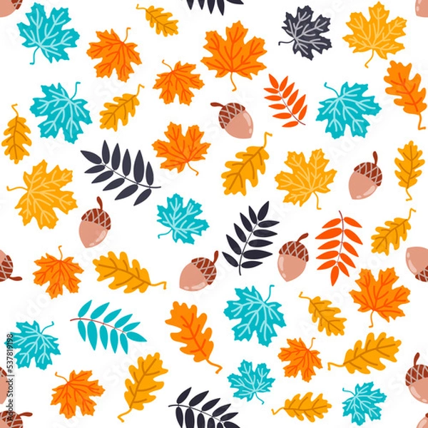 Fototapeta Vector seamless multicolored autumn pattern with leaves and acorns. Ideal for clothing design, wallpaper, wrapping paper, packaging, fabric