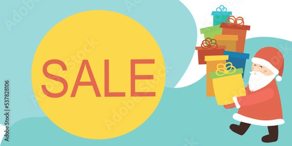 Fototapeta Santa Claus on a blue background with lots of gifts. New Year's sale