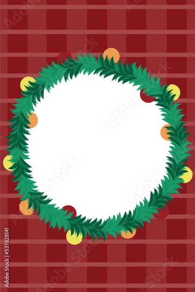 Fototapeta New Year round frame. Checkered red background. Branches of a green Christmas tree with yellow, red, orange balls. Vertical banner, flyer. Design for advertising.