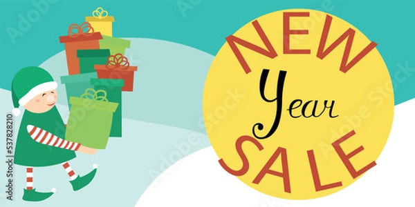 Fototapeta A Christmas elf in a green coat with gifts. New Year's Sale. Horizontal banner, leaflet. Advertising design.