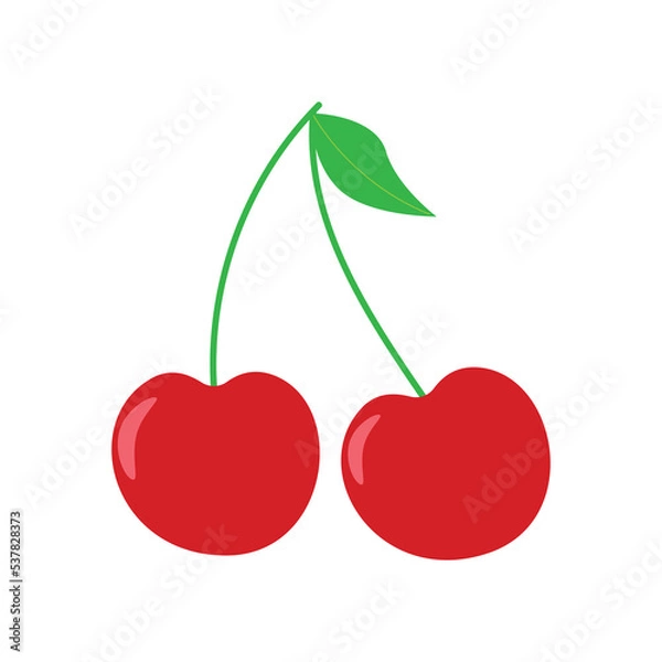 Fototapeta Red cherries with stems on a white background.