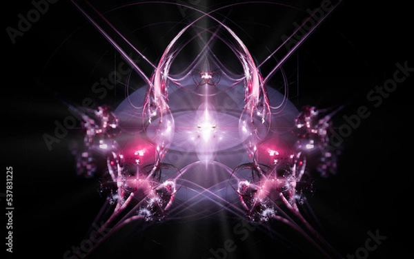 Fototapeta abstract illustration of a computer generated fantastic flower of various shapes and shades on a black background for use in symbology, signs for digital design and graphics