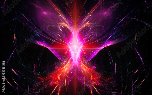 Fototapeta abstract illustration of a computer generated fantastic flower of various shapes and shades on a black background for use in symbology, signs for digital design and graphics