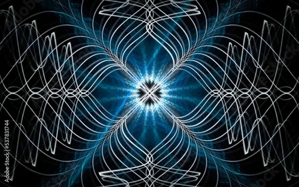 Fototapeta abstract illustration of a computer generated fantastic flower of various shapes and shades on a black background for use in symbology, signs for digital design and graphics