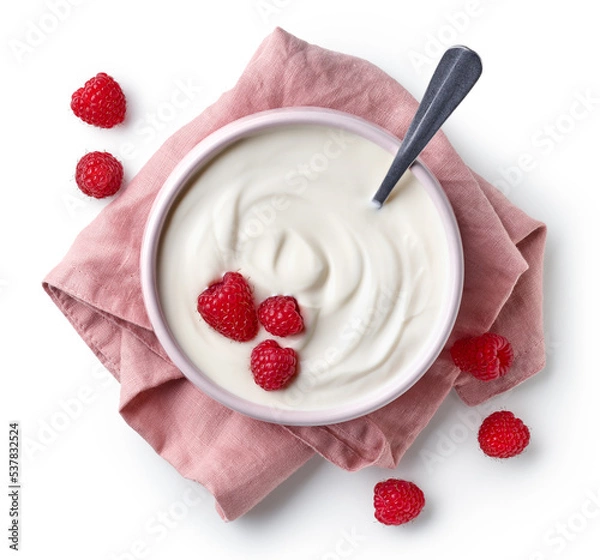 Obraz Pink bowl of greek yogurt and fresh raspberries on linen napkin isolated on white background