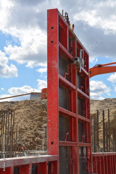Fototapeta Clamped formwork panels at foundation construction