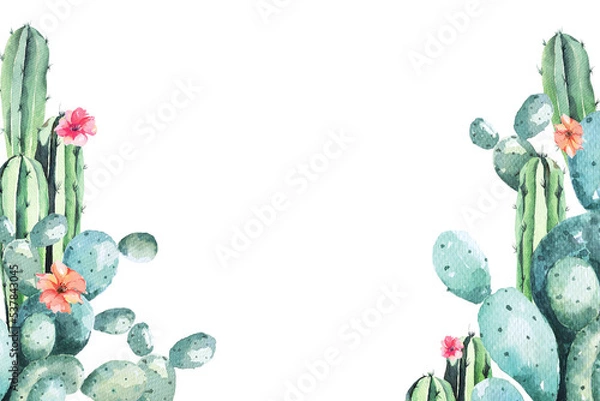 Obraz Frame cactus with watercolor tropical leaves.Hand drawn branches and leaves of tropical plants with space for text.Natural green background for wallpaper.Botanical painting.Plants that grow in the des