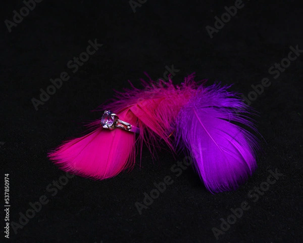 Fototapeta Silver engagement ring with diamond on pink feather. White gold ring with gemstone on black background