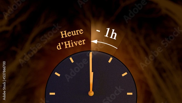 Fototapeta Illustration du changement d'heure pour Halloween. Passage à l'heure d'hiver, thématique halloween. Gagner une heure de sommeil, une heure de plus, 1h de moins. Passer à l'heure d'hiver, enlever 60.