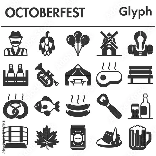 Fototapeta Set, oktoberfest icons set - icon, illustration on white background, glyph style