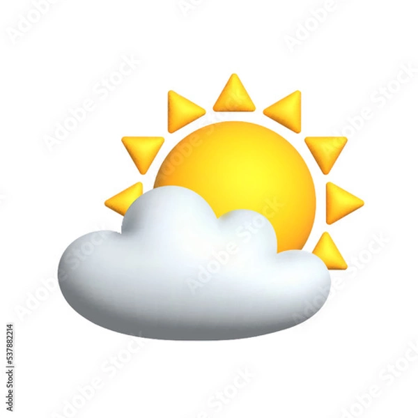 Fototapeta Sun with cloud floats in the sky. 3d vector icon. Cartoon minimal style