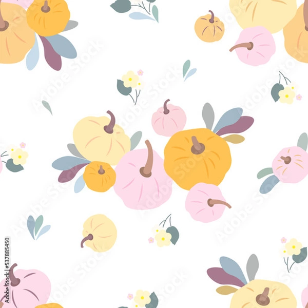 Fototapeta Orange pumpkins with flowers on a white background. Colorful pumpkins. Seamless vector pattern.	