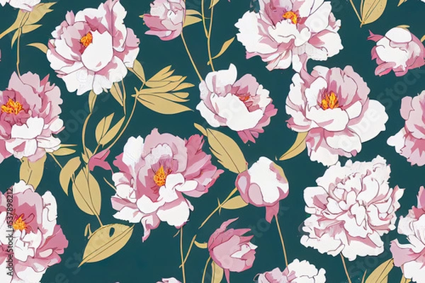 Fototapeta Seamless floral pattern with Peony. 2d illustration.