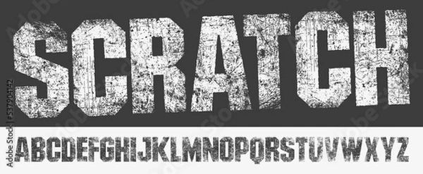Fototapeta Scratched Font with a worn, scratched texture. Detailed individually textured characters. Unique design font