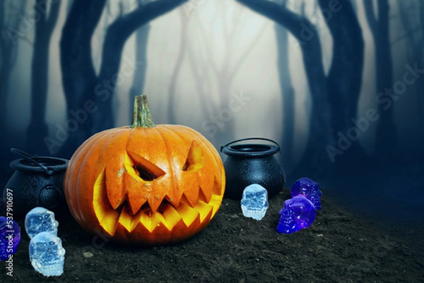 Fototapeta Halloween's background with a Halloween pumpkin, cauldrons, and creepy skulls in a forest with fog.