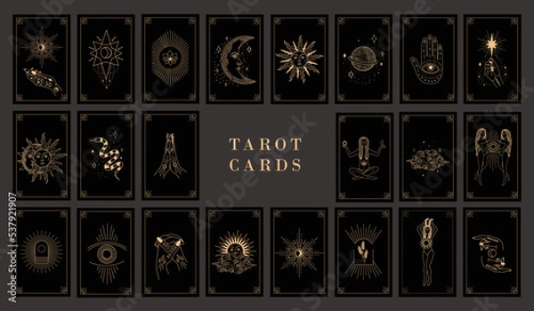 Fototapeta Collection of magical illustrations. Tarot cards. Set of linear vector illustrations. Hand drawn celestial illustrations depicting sun, moon, planet. design elements for decoration in a modern style.